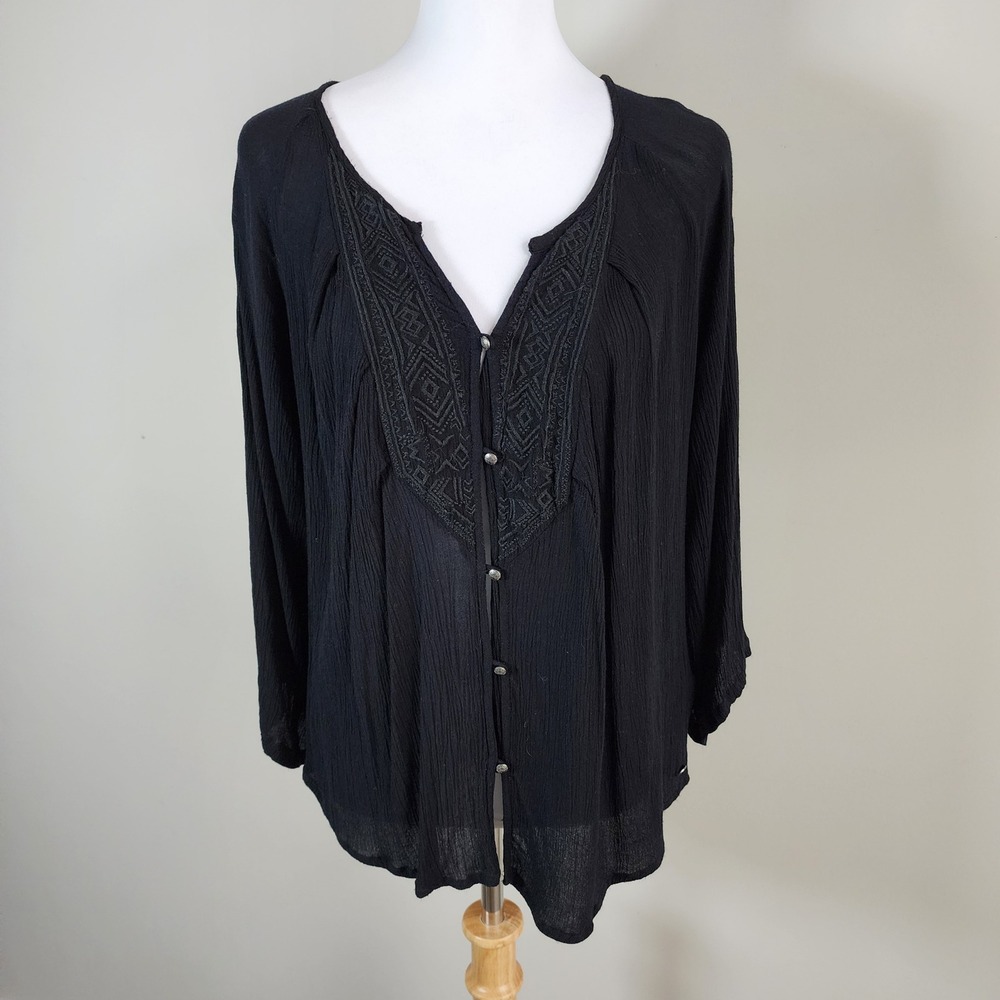 Roxy Embroidered Blouse Womens‎ Small Black Viscose Gauze Boho Witchy Whimsigoth